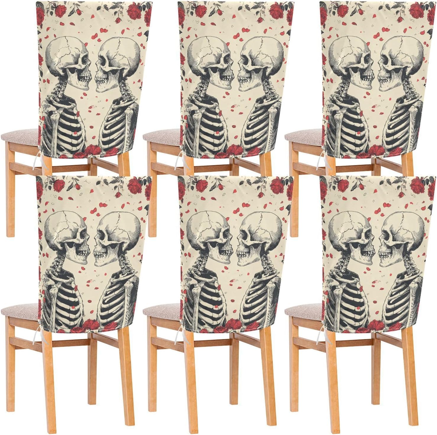 ALAZA Romantic Skeletons Hearts Roses Chair Back Cover Set of 6, Washable Reusable Removable Chair Slipcovers Decorative Chair Cover for Home Kitchen Wedding Party