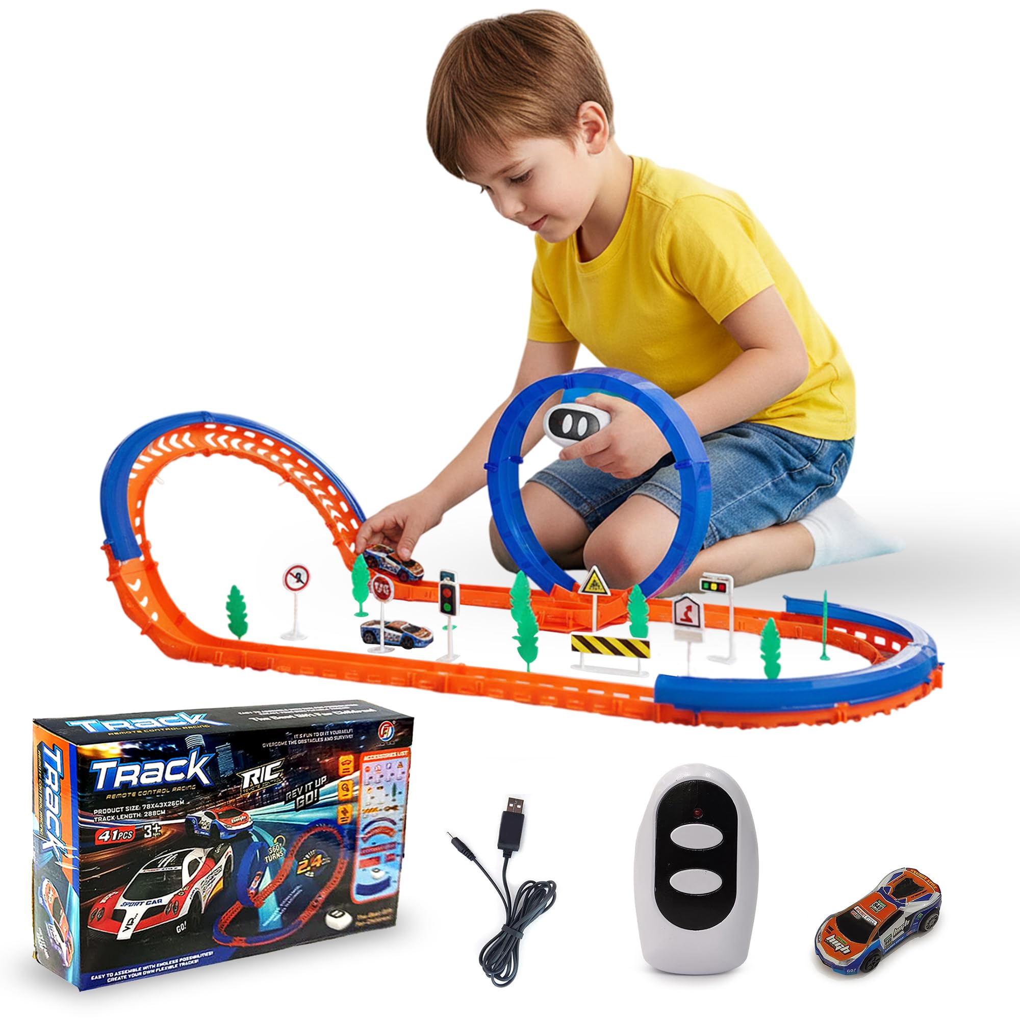 NHR 41-Piece Racing Track Set with 360° Loops – Fast RC Car, Light-Up Tracks, USB Charger & Traffic Signs – Race Track Toy for Kids Ages 3+, Boys & Girls-image-37