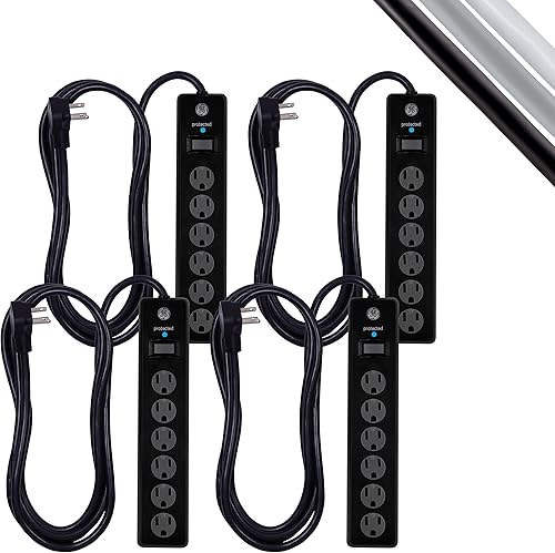 GE Protector SurGE de 6 tomas, paquete de 4, cable de extensión de 10 pies, 800 julios, de enchufe plano, cubiertas de seguridad de girar para