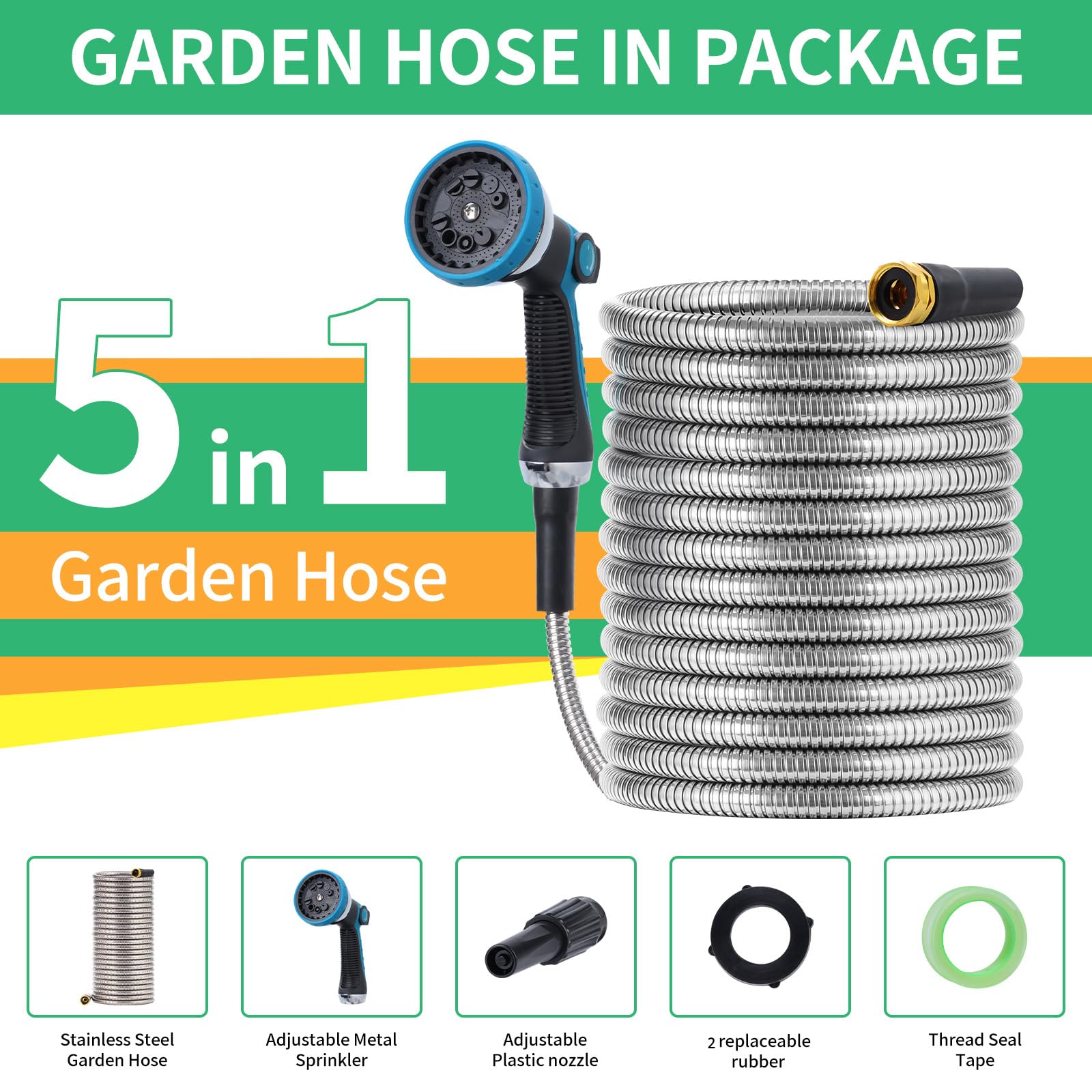 SANTREGTL Metal Garden hose 100 ft Flexible portable 304 Stainless steel metal water hose with10 Function Hose Nozzle Heavy Duty Lightweight Retractable Water Hose pipe, 3/4 inch Solid Brass Fittings