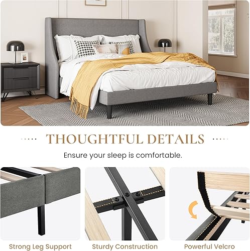 Miniatura 22 de SHA CERLIN Base de cama de plataforma tamaño Queen con cabecero tapizado, elegante diseño de respaldo de alas, soporte de listones de madera