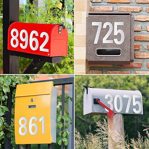 Miniatura 8 de Números reflectantes de buzón blancos, 5 juegos de calcomanías de números de buzón para exteriores, vinilo impermeable, números de dirección