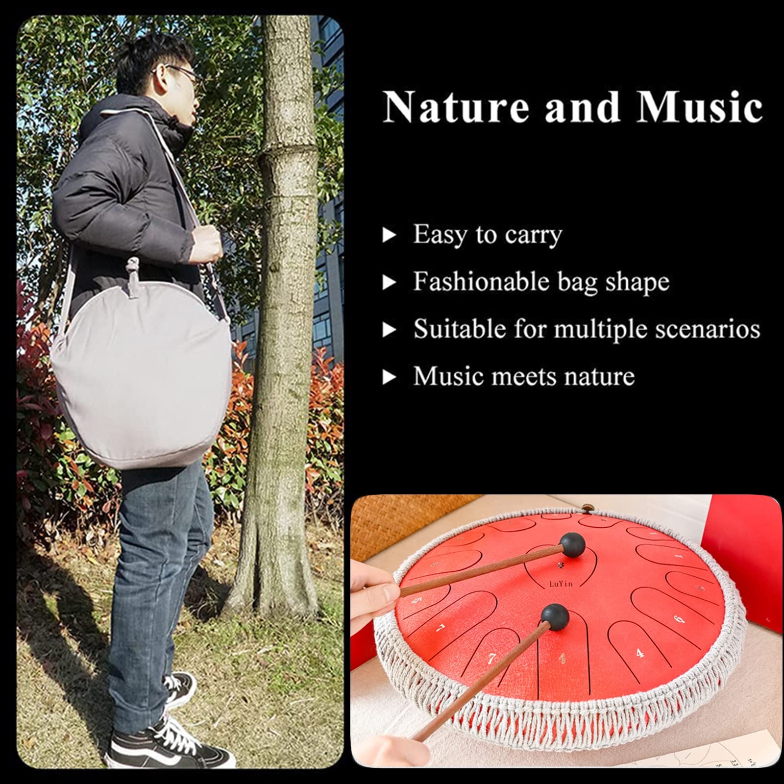 Steel Tongue Drum 15 Noten 14 Zoll Percussion Instrument mit Tragetasche, Buch und Schlägel für Meditation, Yoga, Unterhaltung - Perfekt für Anfänger und Erwachsene
