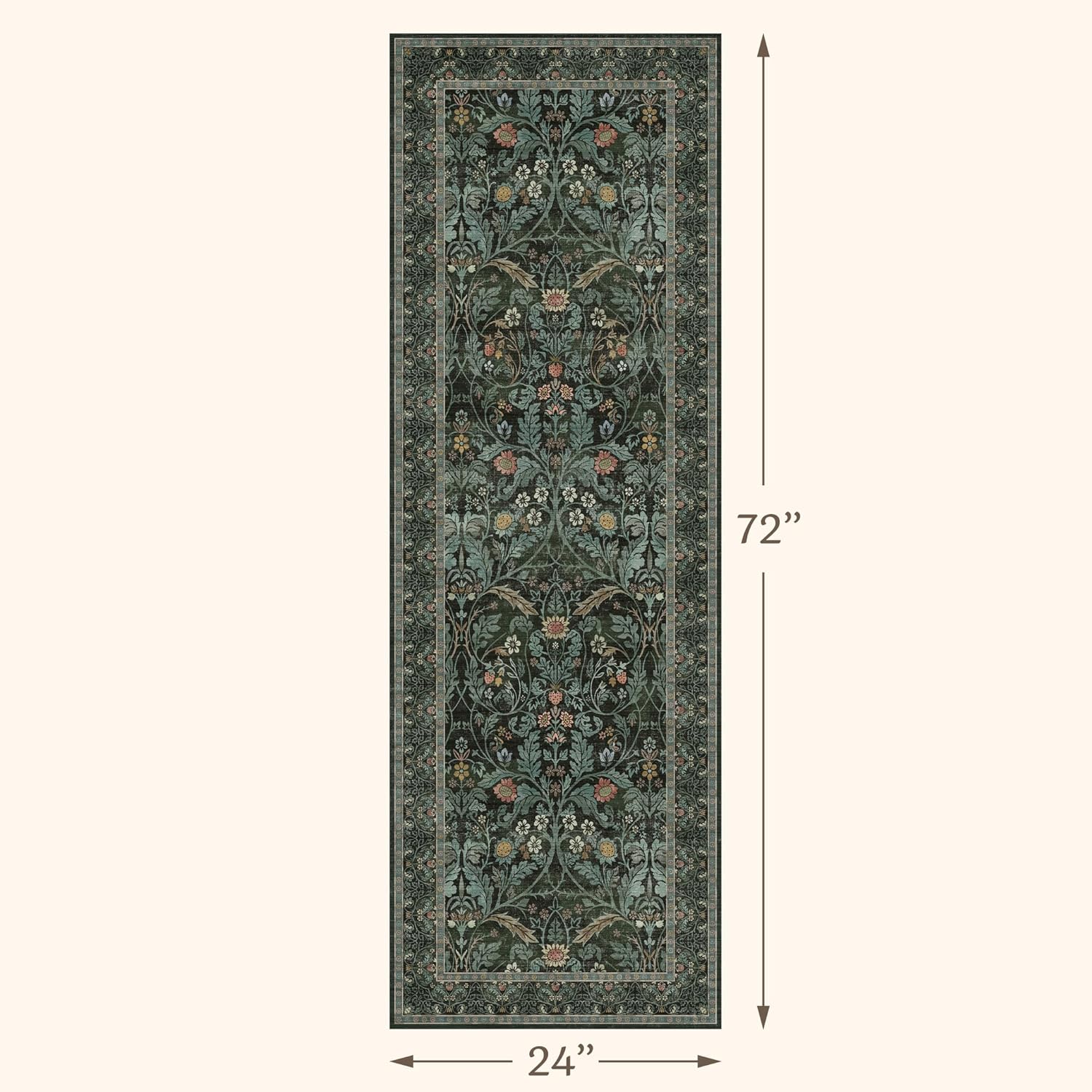 Dark Green 2x6 Washable Runner Rug Non Slip - Kitchen Hallway Runner 6ft - Floral Soft Thin Rug Non Skid for Bathroom Entryway, Vintage Low Pile Stain Resistant Floor Carpet