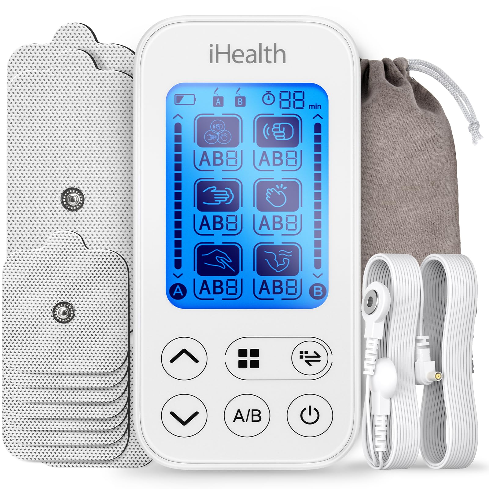 iHealth Dual-Channel TENS Unit Muscle Stimulator, Customizable Pain Relief for Back, Shoulder, Neck, Sciatica and More - 24 Treatments, 15 Intensities, 90-Hour Battery Life, Multi-Size Electrode Pads