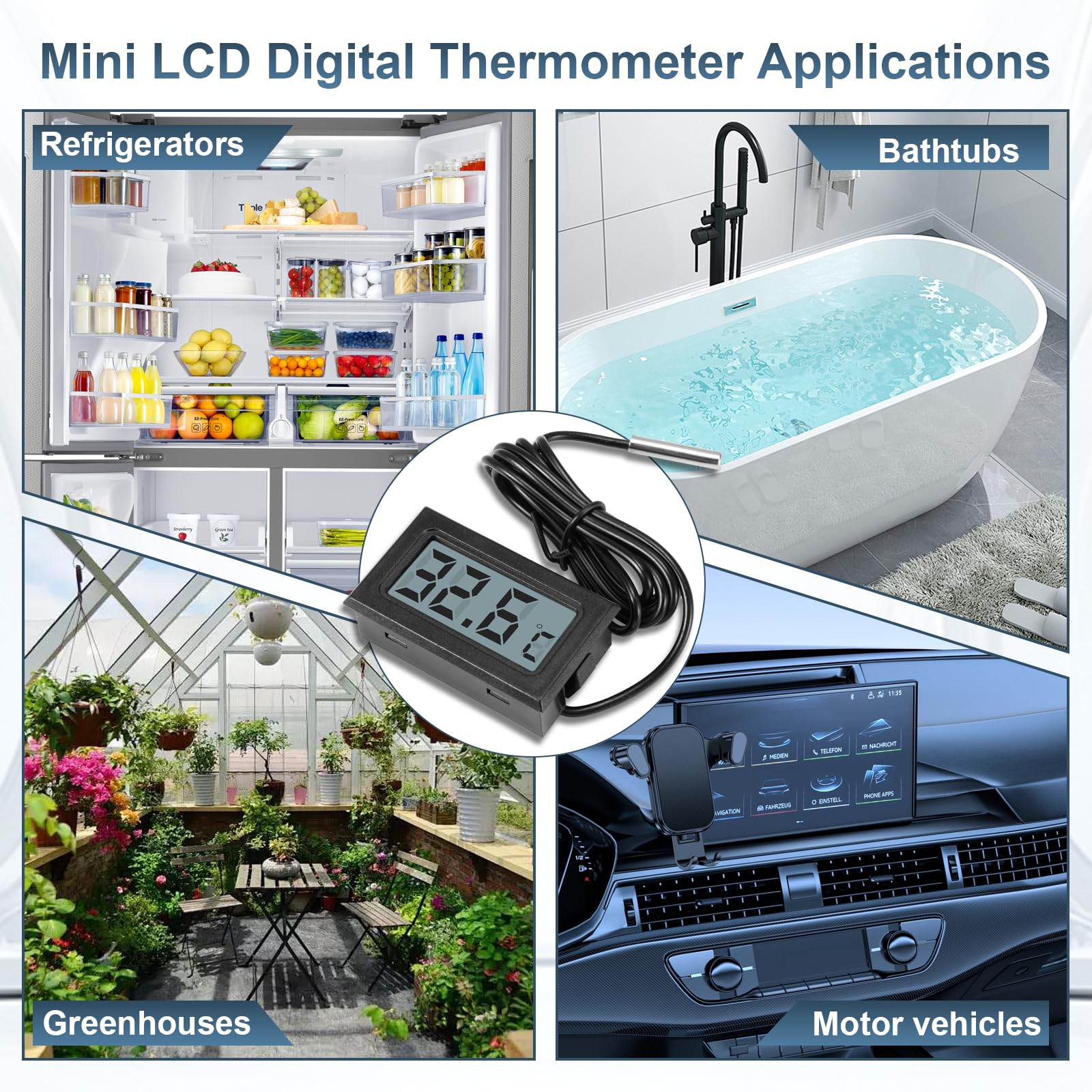 6 termometri digitali LCD da -50 ℃ + 110 ℃, monitor digitale LCD con sensore esterno, monitoraggio della temperatura, termometro con sensore per frigorifero, congelatore, acquario