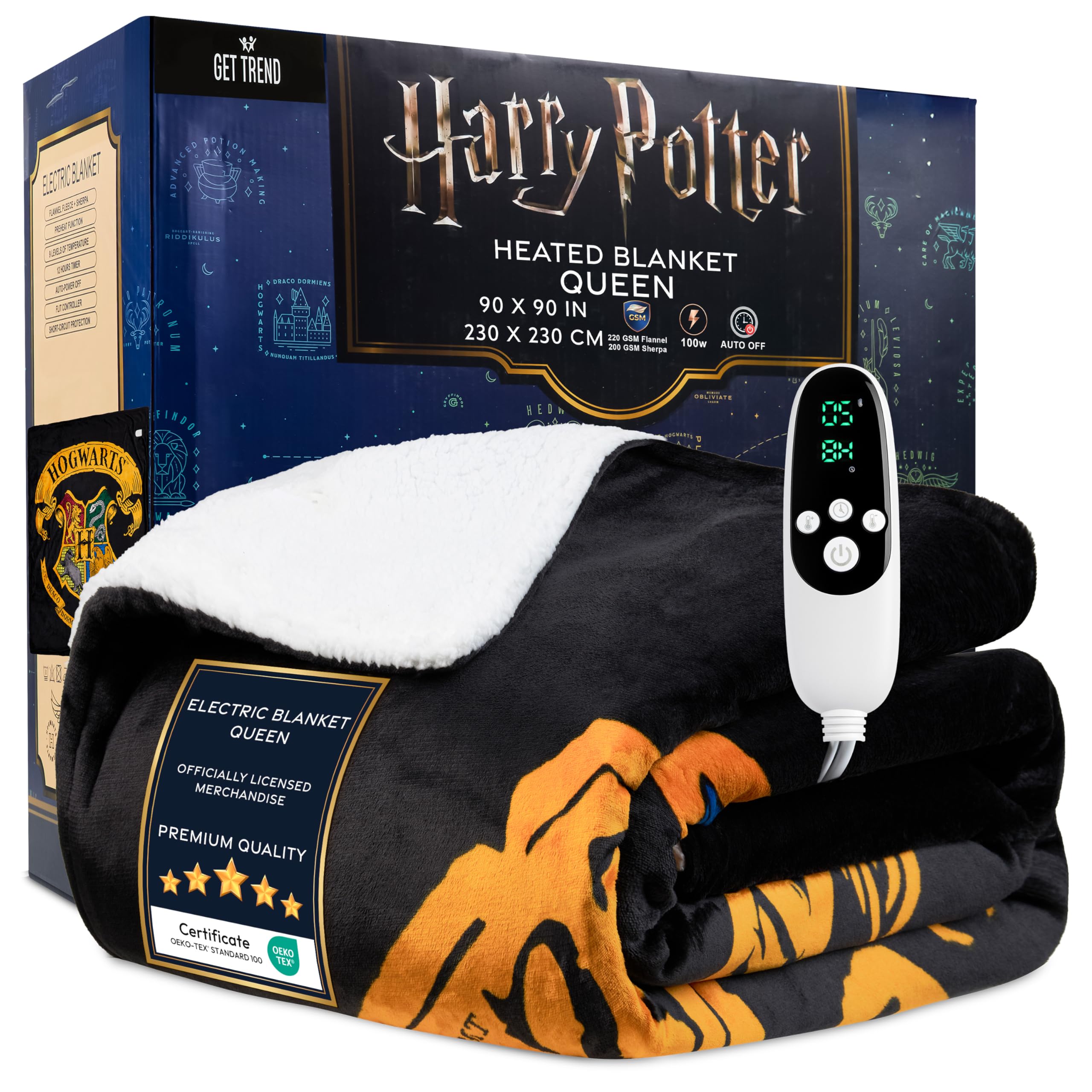 get trend harry potter gifts heated blanket electric, queen size luxurious fleece weighted blanket, fast heating with 9 heat settings auto shut-off, 90x90in (black harry potter, queen us)