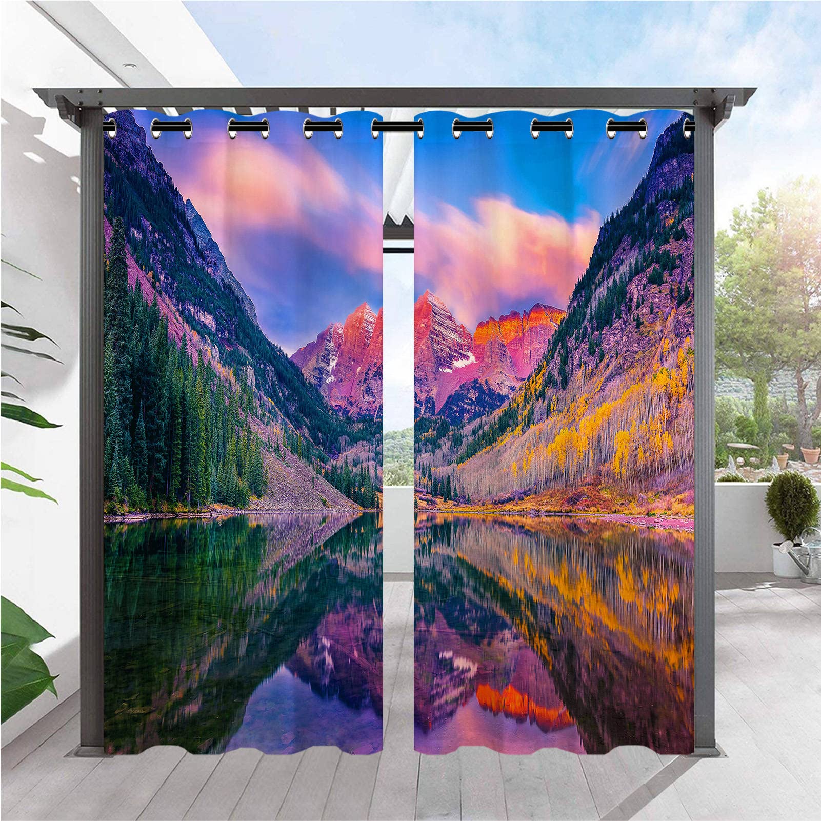 ANHOPE Herbst Natur Wald See Berg Outdoor Vorhänge mit Ösen Oben Wasserdicht Wetterfest Aussen Gardinen für Balkon Terrasse Garten Pergola Pavillon Außen Vorhang 2er Set B132 x H214 cm