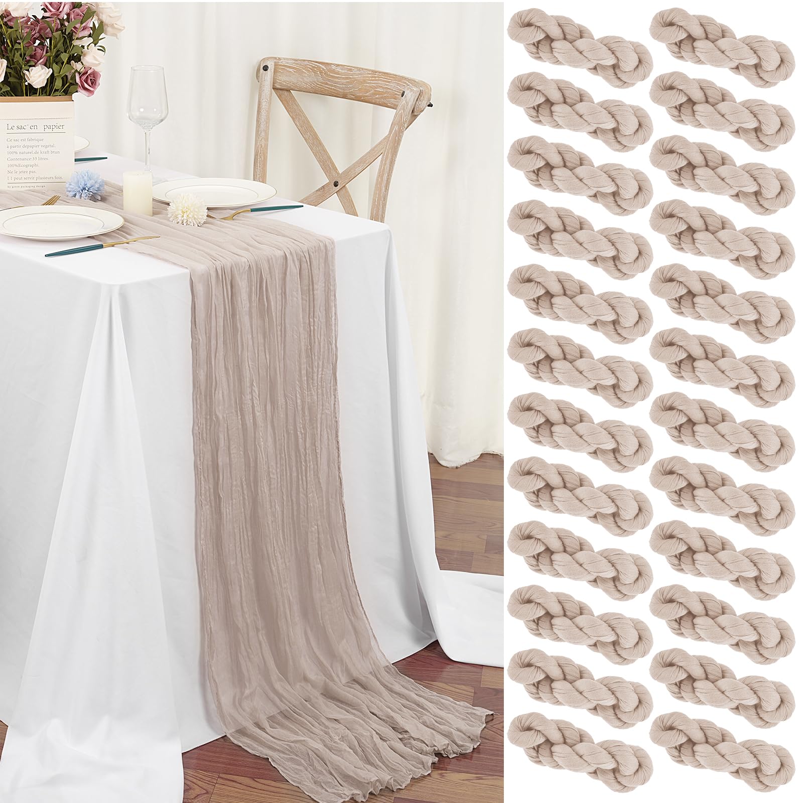 Teruntrue 24 Pack Taupe Cheesecloth Table Runner 45x275 cm Boho Gauze Cheese Cloth Table Runner for Wedding Party Baby Bridal Shower Birthday Decorations(Brown/Gray Mixed with Light Pink and Purple) — image 1