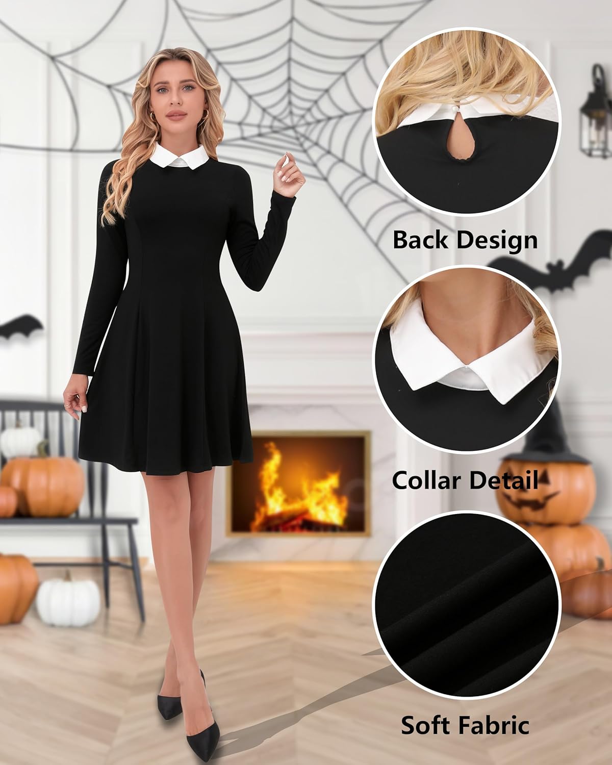 Women's 2025 Long Sleeve Black Fall Dresses Peter Pan Collar Flare Skater Dress for Evening Party Goth Dresses - Image 4