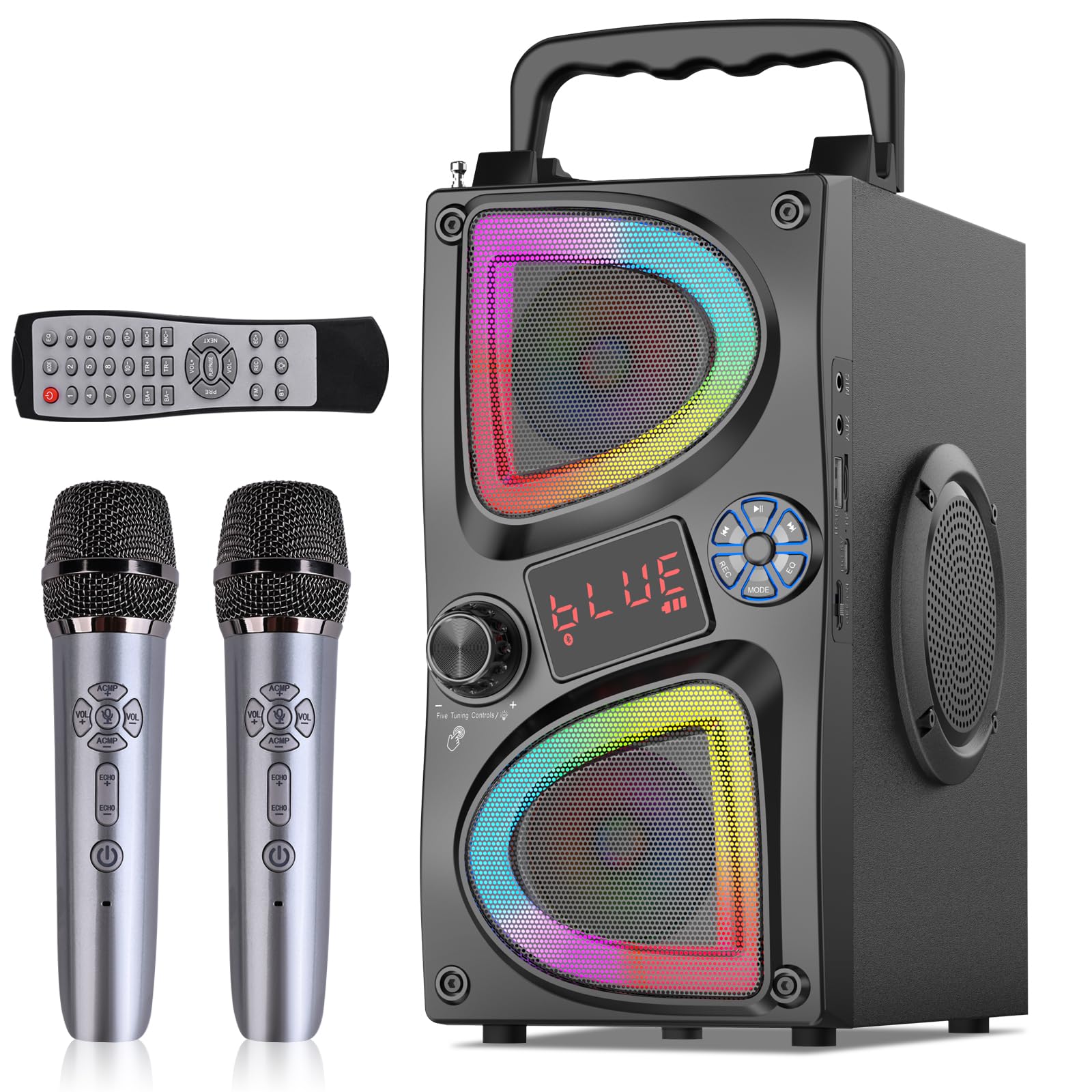 SUPNIU Máquina de karaoke para niños y adultos, altavoz portátil Bluetooth pequeño para cantar karaoke con 2 micrófonos inalámbricos y luces LED, juguetes de regalo para todos los teléfonos