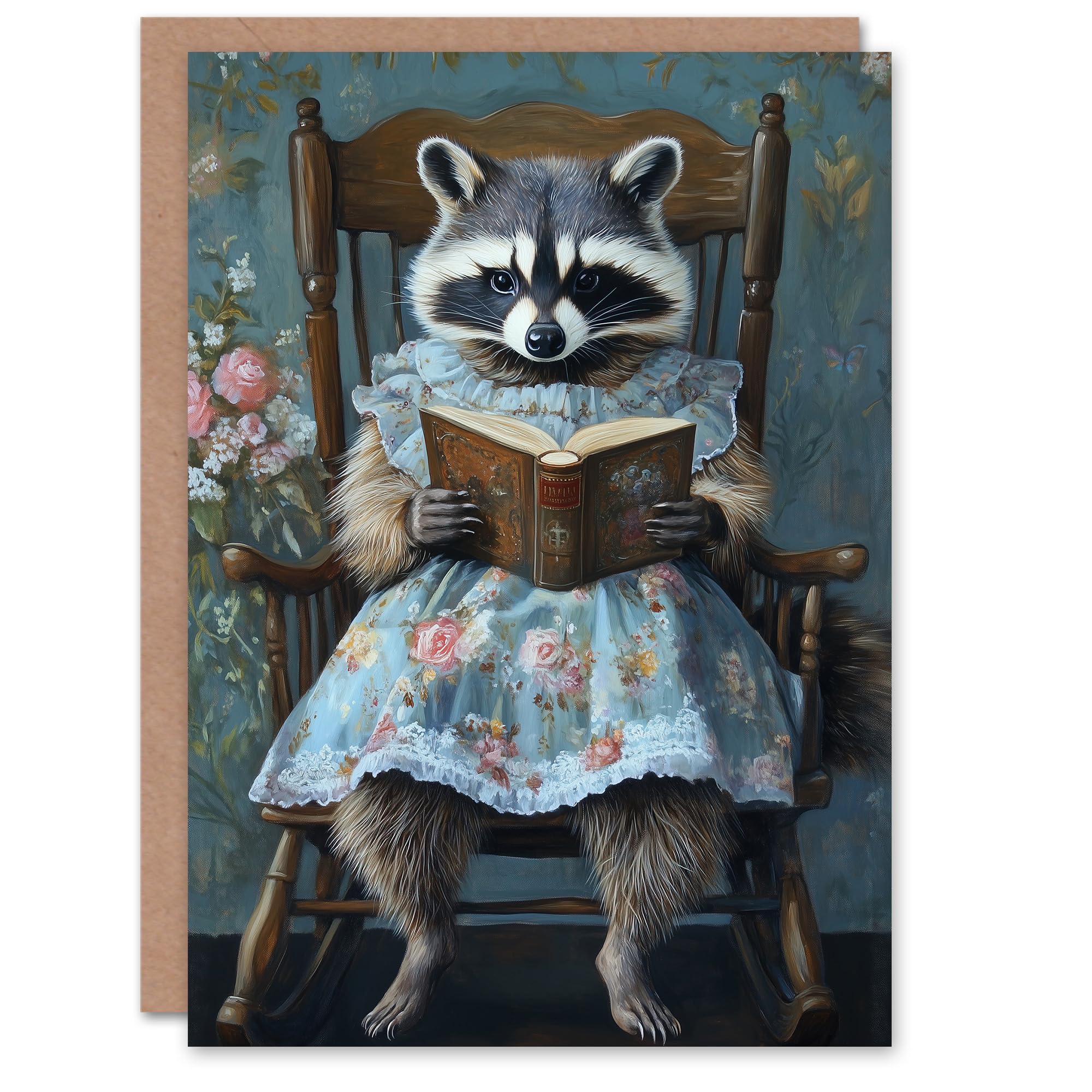 Artery8 Greeting Card Raccoon Mama in Floral Dress Reading Bedtime Story For Child Kids Birthday Card