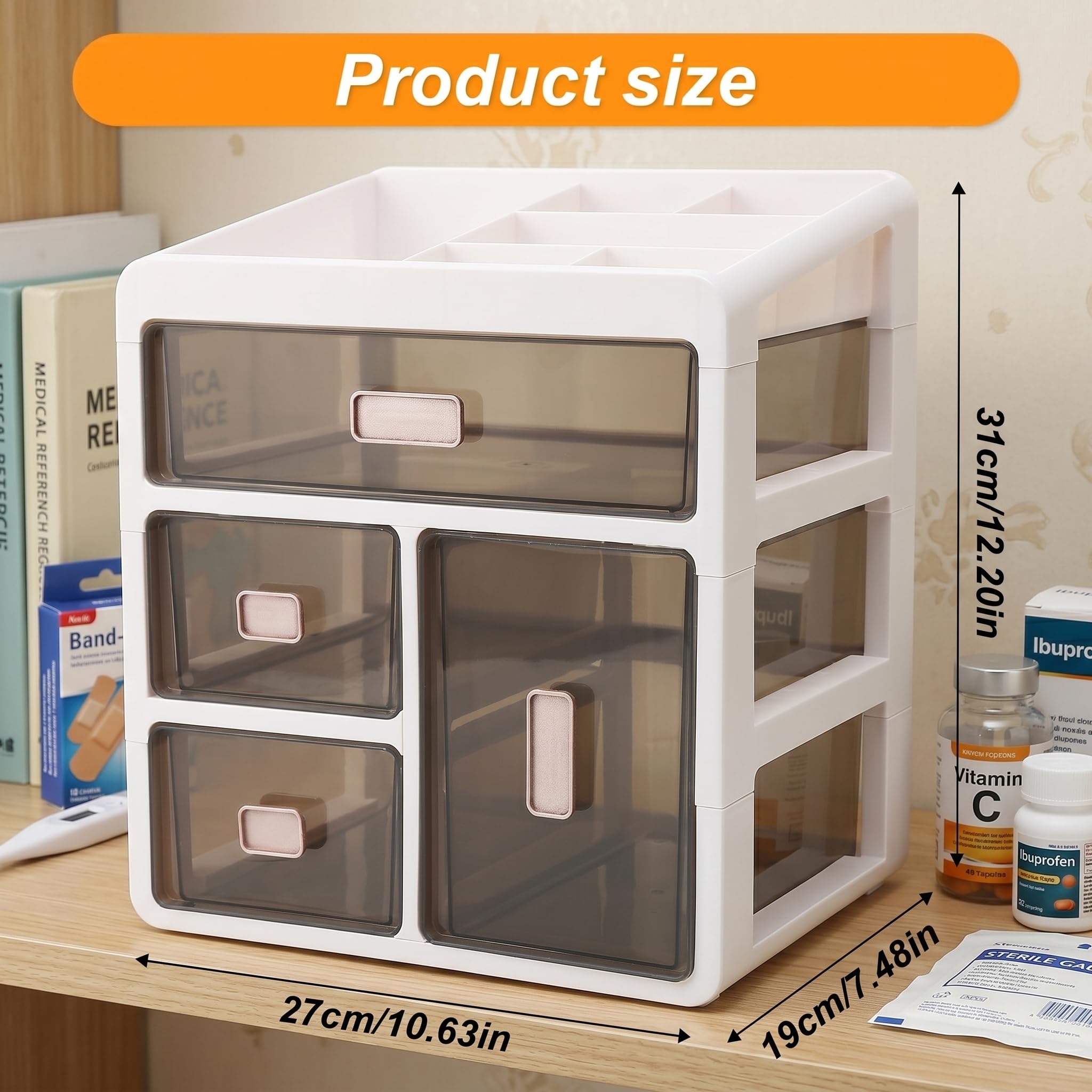 Scatola Organizer per Medicinali 4 Livelli, Porta Medicine da Casa con Cassetti Trasparenti, Contenitore per Farmaci, Vitamine e Cosmetici, Pronto all'Uso per Casa e Ufficio