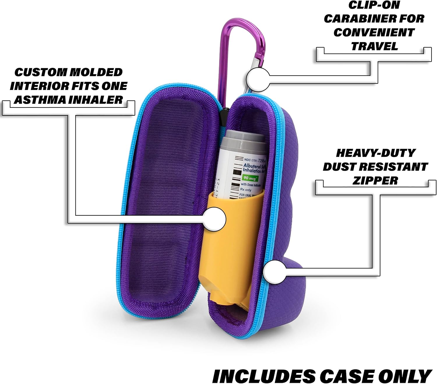 Casematix Asthma Inhaler Case with Lanyard and Clip On Keychain Carabiner, Inhaler Holder Extended to Fit Standard Rescue and New Albuterol Inhaler Devices up to 4 Inches - Includes Asthma Case Only