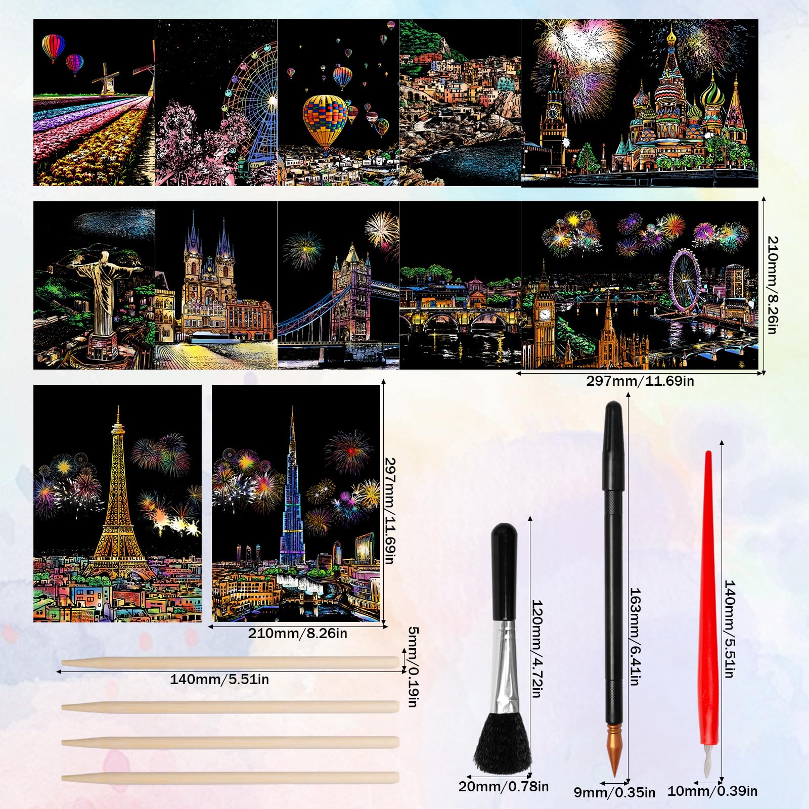 12 pezzi di carta antigraffio Magic Rainbow, formato A4, per adulti, luoghi di interesse, da parete, con attrezzi per graffi, kit City Series Night Scene, arcobaleno, per adulti, bambini, fai