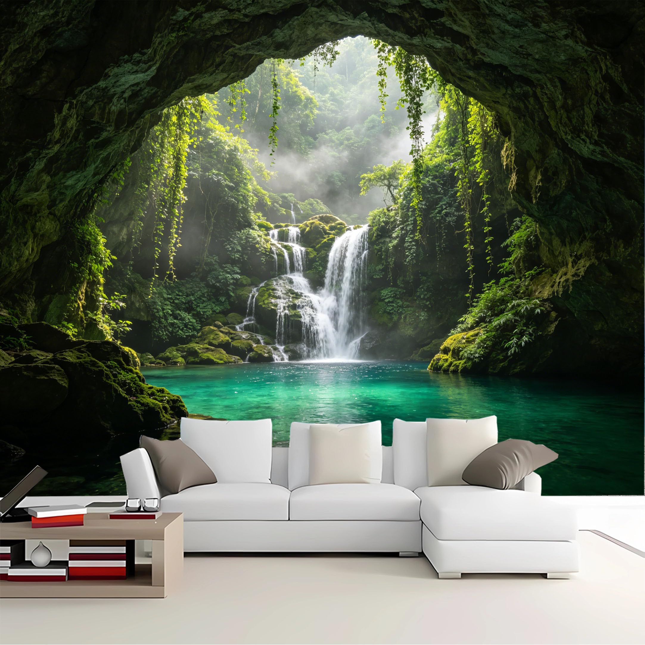 Custom Size Wall Mural Cave View Mossy Waterfall Forest Removable Self Adhesive Peel and Stick Wallpaper for Bedroom Living Room Dining Room
