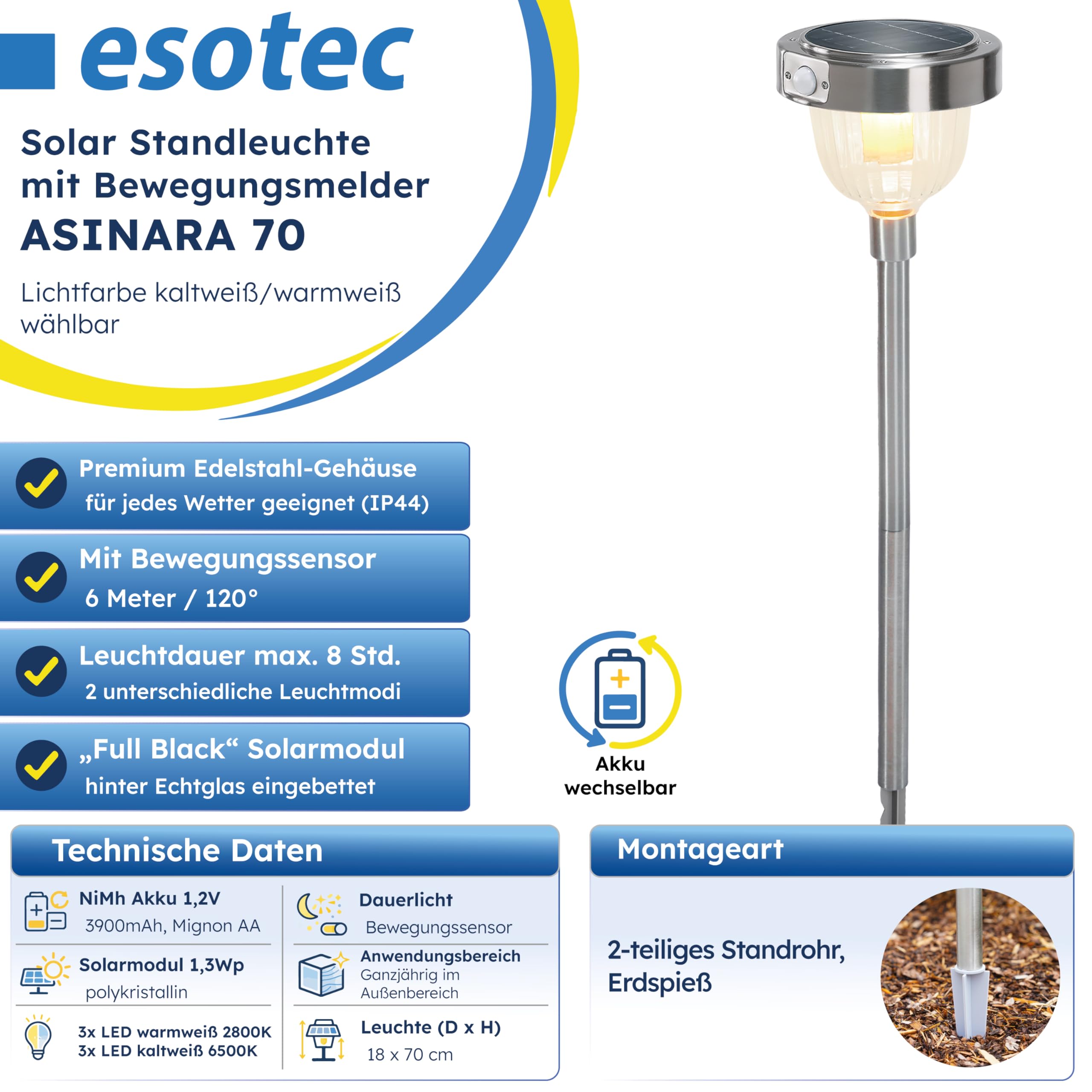 esotec Solar Wegeleuchte mit Bewegungsmelder ASINARA, steckbare Gartenbeleuchtung für außen, DUO COLOR warmweiß kaltweiß, Edelstahl H70cm 102530