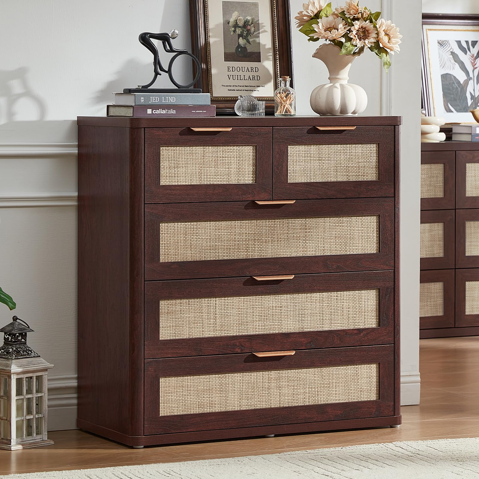 LEYAOYAO Rattan Dresser for Bedroom, 33.5" Tall Chest of Drawers, Modern 5 Drawers Boho Dressers with Storage, Vintage Brown Dresser Wooden Closet Organizer for Living Room, Hallway