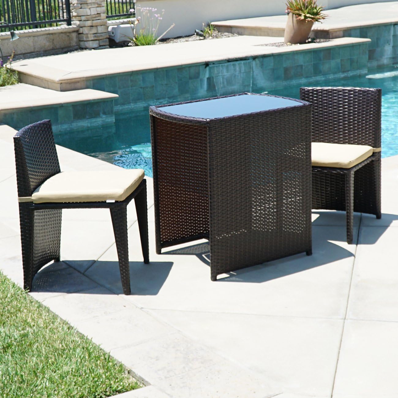 BELLEZE Patio Furniture Wicker 3pc Bistro Set W/Glass Top