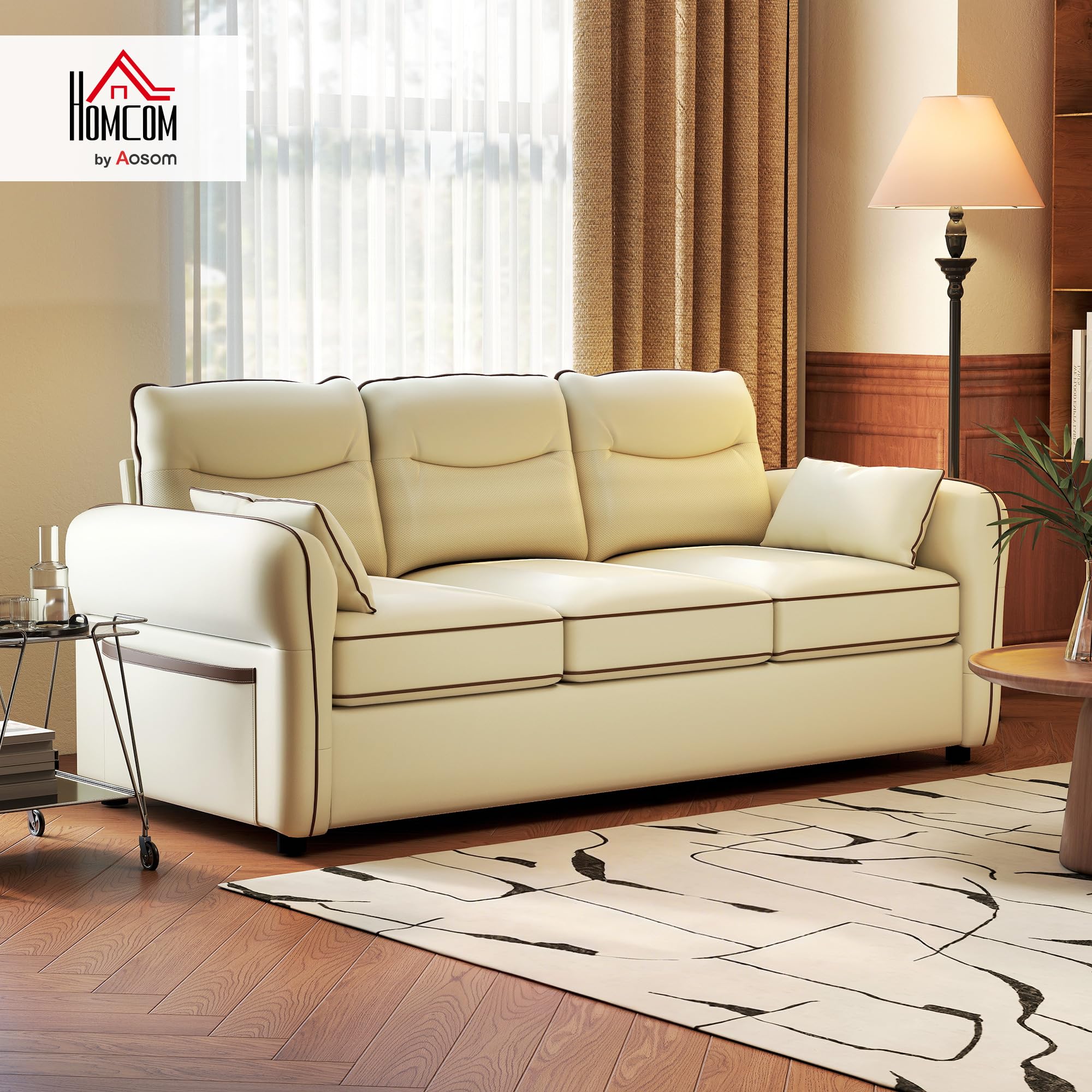 HOMCOM Sofá de 3 Plazas Tapizado en Cuero Sintético 190x83x90 cm Beige | Sofá de Salón Moderno, Acolchado Grueso, Asiento Ancho, Reposabrazos y Bolsillo Lateral, Montaje Rápido, 2 Almohadas