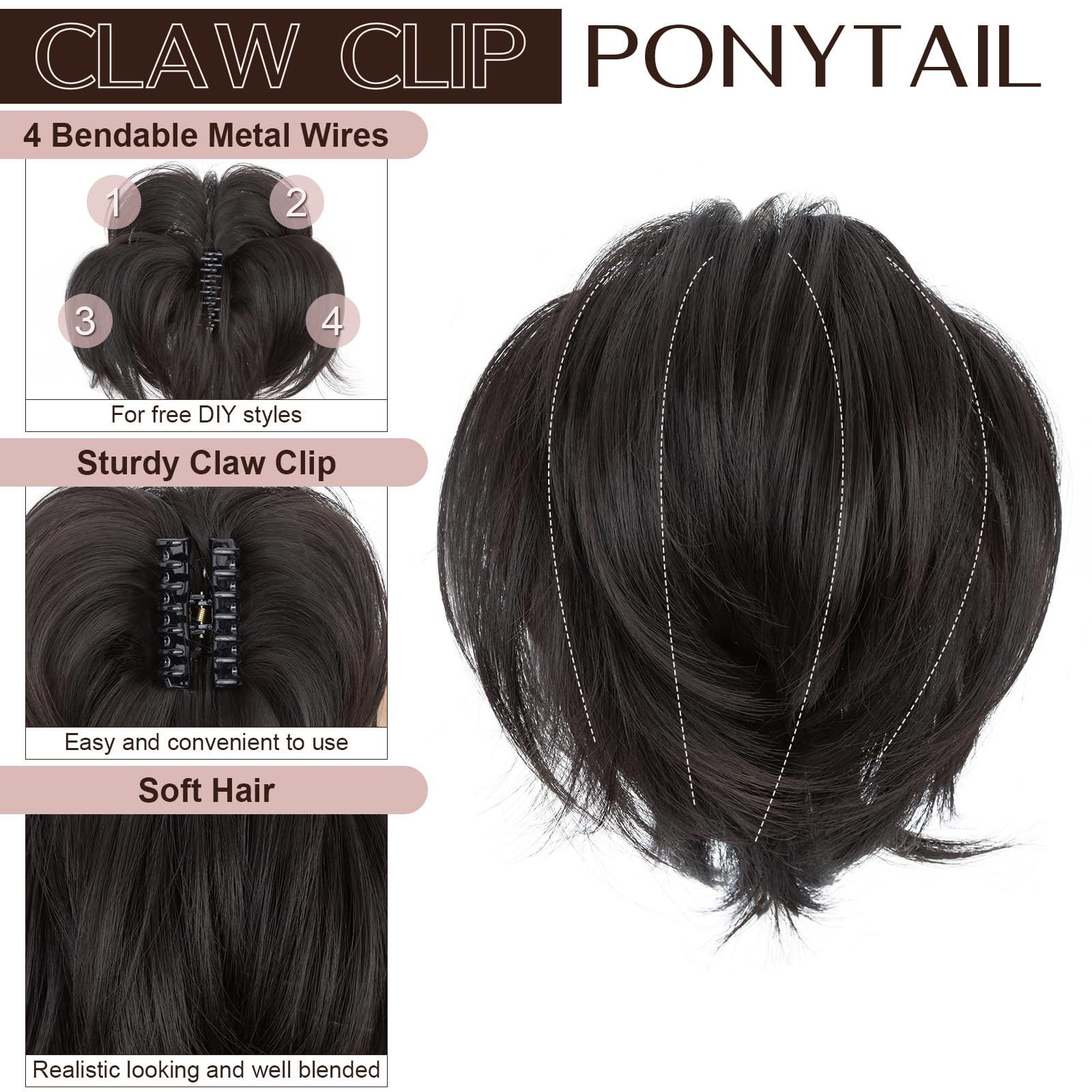 SEGO Messy Bendable Claw on Ponytail Hairpiece Synthetic Fluffy Hair Extension Clip in Jaw with 4 Bendable Metals, Dark Brown - Image 4