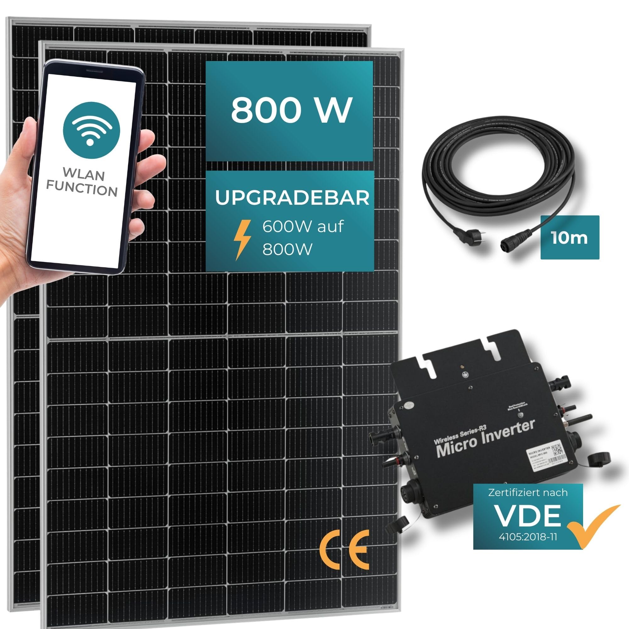 pro.tec Balkonkraftwerk Brusson 800W Solaranlage mit Wechselrichter mit App und WiFi 10m Kabel Komplettset mit 2x400W Solarmodulen Photovoltaik Plug+Play