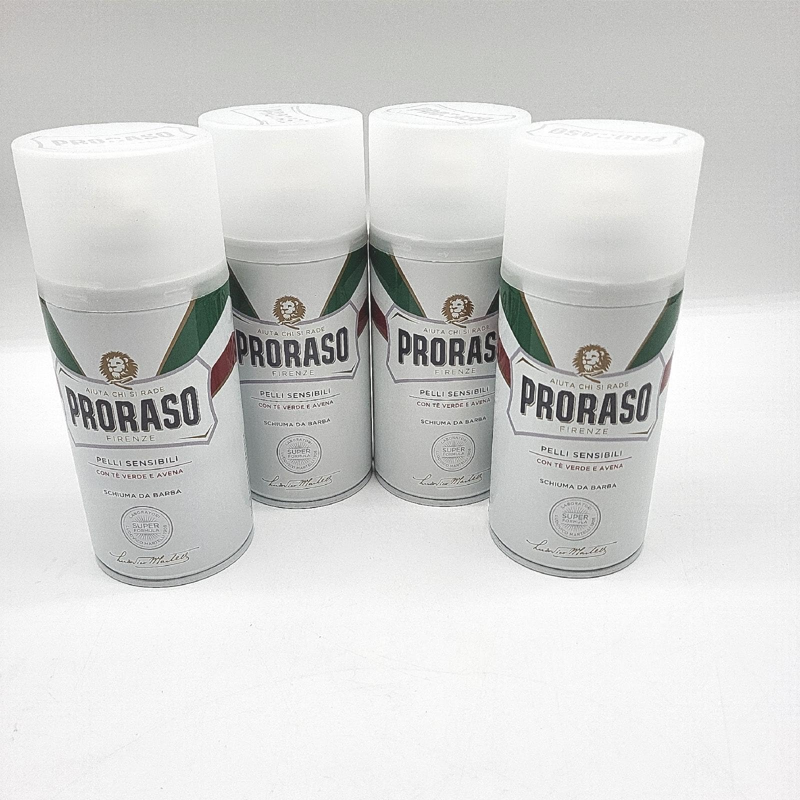 Proraso Pianka do brody, skóra wrażliwa, 4 x 300 ml, pianka do brody przeciw podrażnieniom z ekstraktem z owsa i zielonej herbaty, wyprodukowana we Włoszech