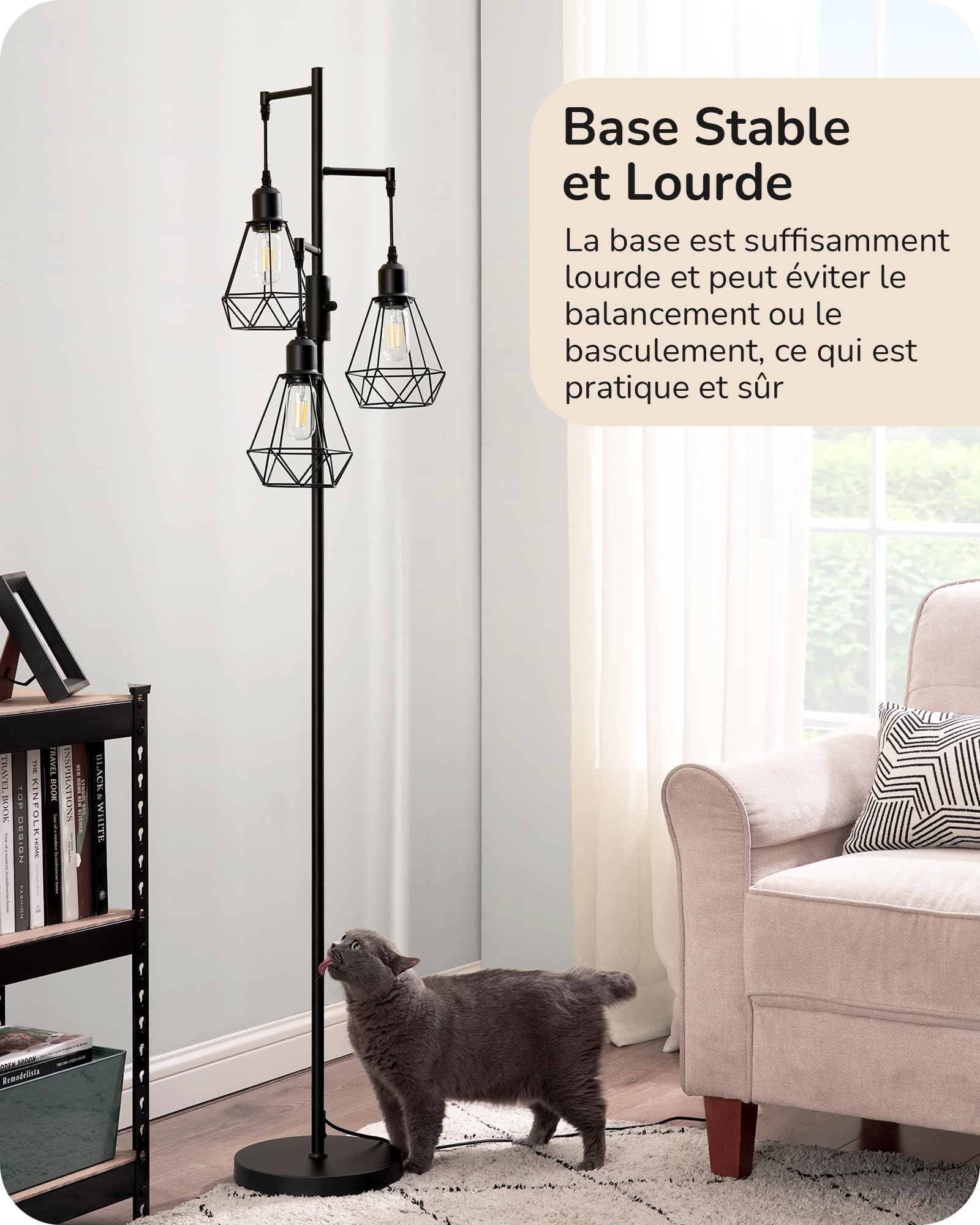Lampadaire Dimmable 3 Lumières - Style Industriel Avec Abat-jour Cage Métallique - LED Incluses - Pour Salon, Chambre, Bureau - 166 Cm