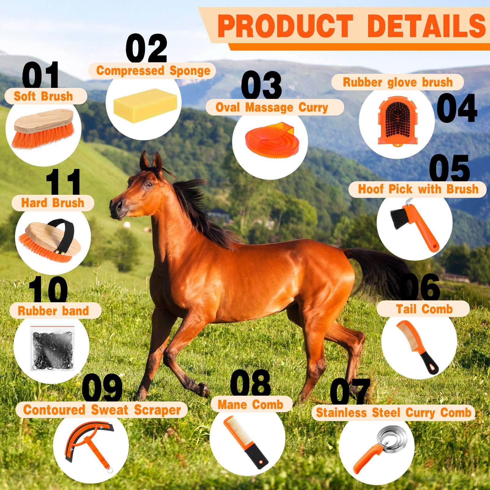 Abbylike 12 Pieces Horse Grooming Kit Racing Festival Tack Room Supplies Horse Brush Sets Equine Care Cleaning Kit Shedding Grooming Massaging Tools(Orange) 2