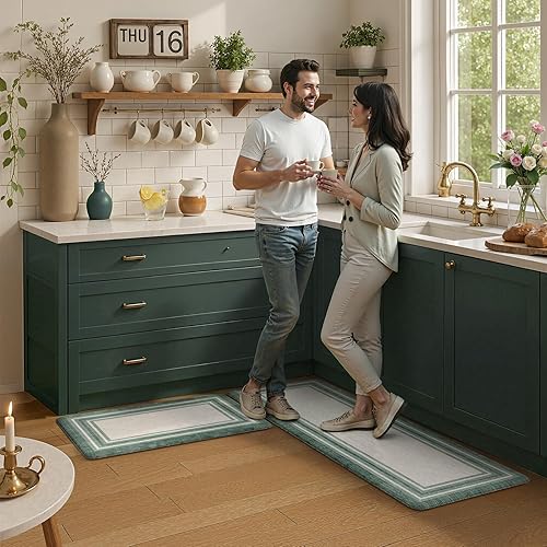 Vista 637 de KIMODE - Juego de 2 tapetes de cocina bohemios, antifatiga, antideslizantes, impermeables, ergonómicos, acolchados, cómodos, para lavandería, Caqui