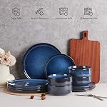 E-far Dinnerware Ensembles pour 2, 6-Piece Assiette en grès et bols, Assiettes en céramique Réactive Glaze Dinning Ware, Micro-ondes & Lave-vaisselle sans danger - Bleu de la mer profonde