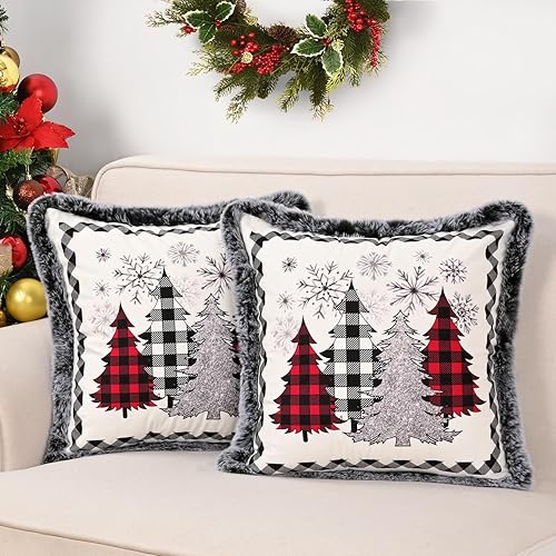 Juego de 2 fundas de almohada de Navidad, con copos de nieve, árbol de Navidad con felpa suave, fundas de cojín decorativas de invierno para sofá y