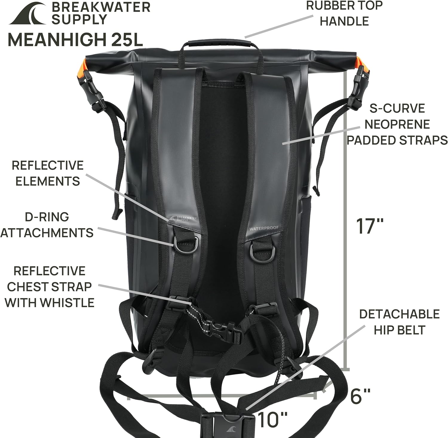 Breakwater Supply™ Meanhigh Dry Bag Waterproof Rolltop Backpack, 25L, Medium/Large, for Water Sports, Moto, Hiking, Camping, with Lightweight Fast-Drying Padding (Black) - Image 4