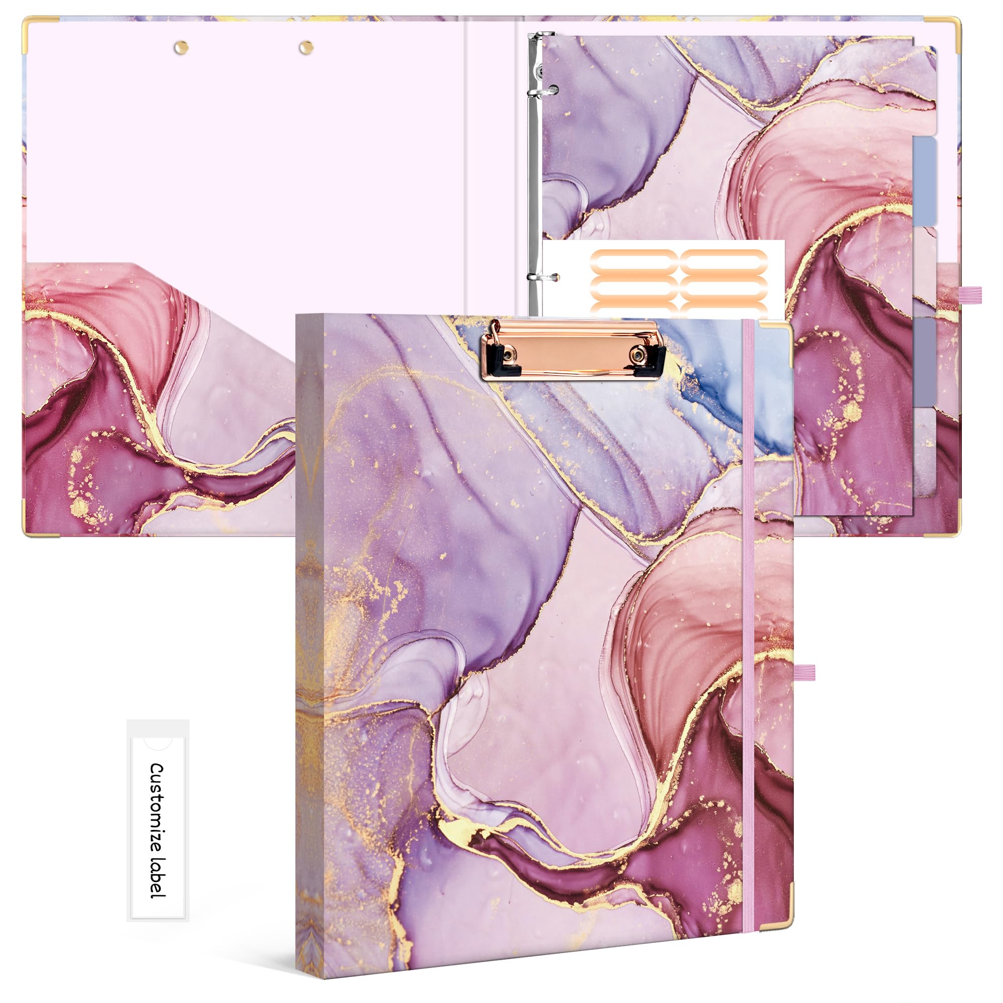 Ospelelf 3 Ring Binder, 1/2 Inch, Pink Marble, Letter Size (11" x 8.5"), 5 Tab Dividers, File Folder Labels, Low Profile Clipboards