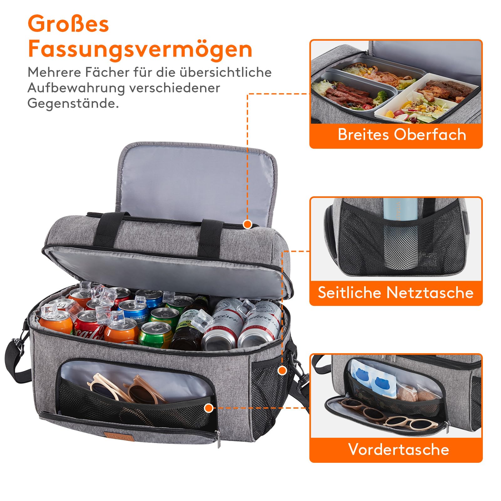 Lifewit Große Kühltasche 23L 32 Dosen, Kühlbox Faltbar, Isolierte Lunch Tasche, Leichte, Tragbare Kühltasche, Doppellagig für Picknick, Strand, Arbeit, Reise, Grau