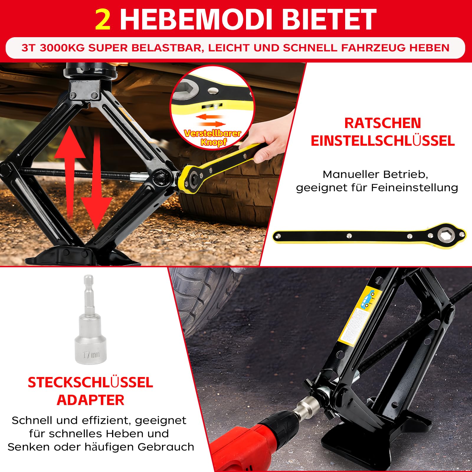 Warmfay Gato hidráulico 3T/3000 kg, gato universal de tijera de 100 a 430 mm de altura de elevación con revestimiento de goma para coche, portátil, resistente, de acero, incluye llave de tuercas de
