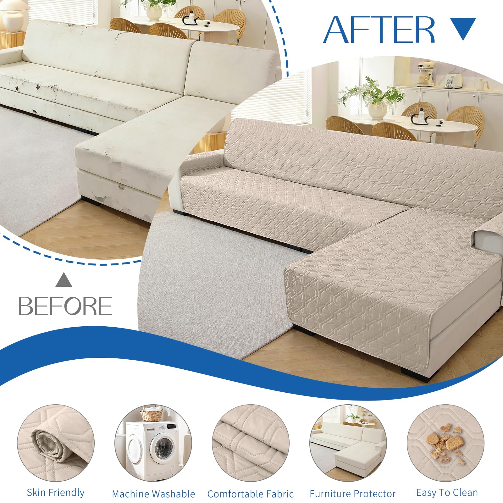 YSTELLAA Impermeabile Copridivano 3 Posti Con Penisola, Copri Divano Angolare Destra/Sinistra Universale Reversibile, Copridivano Chaise Longue Antiscivolo, Antigraffio Antimacchia, Beige