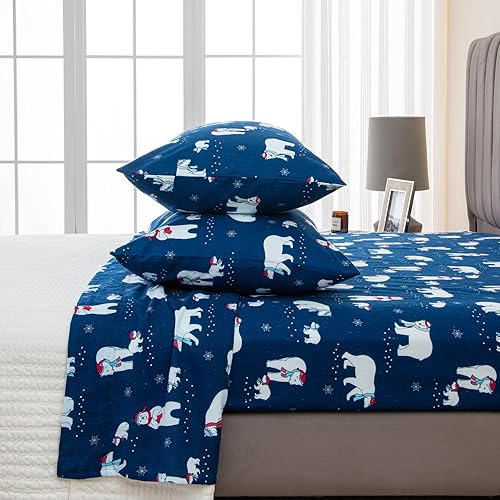 Miniatura 4 de Great Bay Home Juego de sábanas de franela de algodón turco 100 % para Navidad, bajera con gran caída lateral, suaves, para tener una cama cálida,