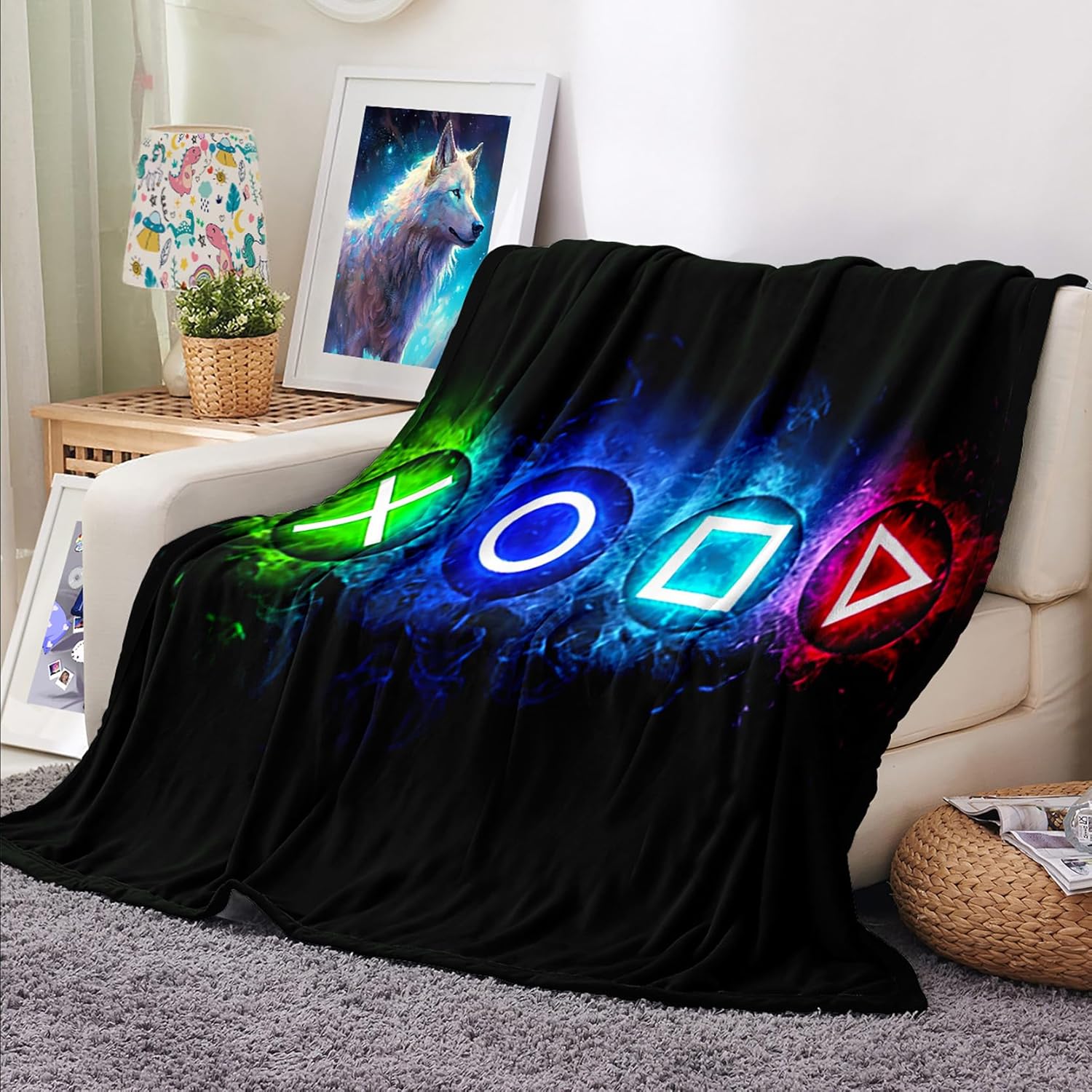 Gaming Blanket for Kids - Gamer Blanket for Boys Girls and Kids, Game Lover Green Controller Pattern Boys Bedding for Gamer Room Decor Flannel Fabric, Throw Size 50" x 60" (130 x 150 cm)