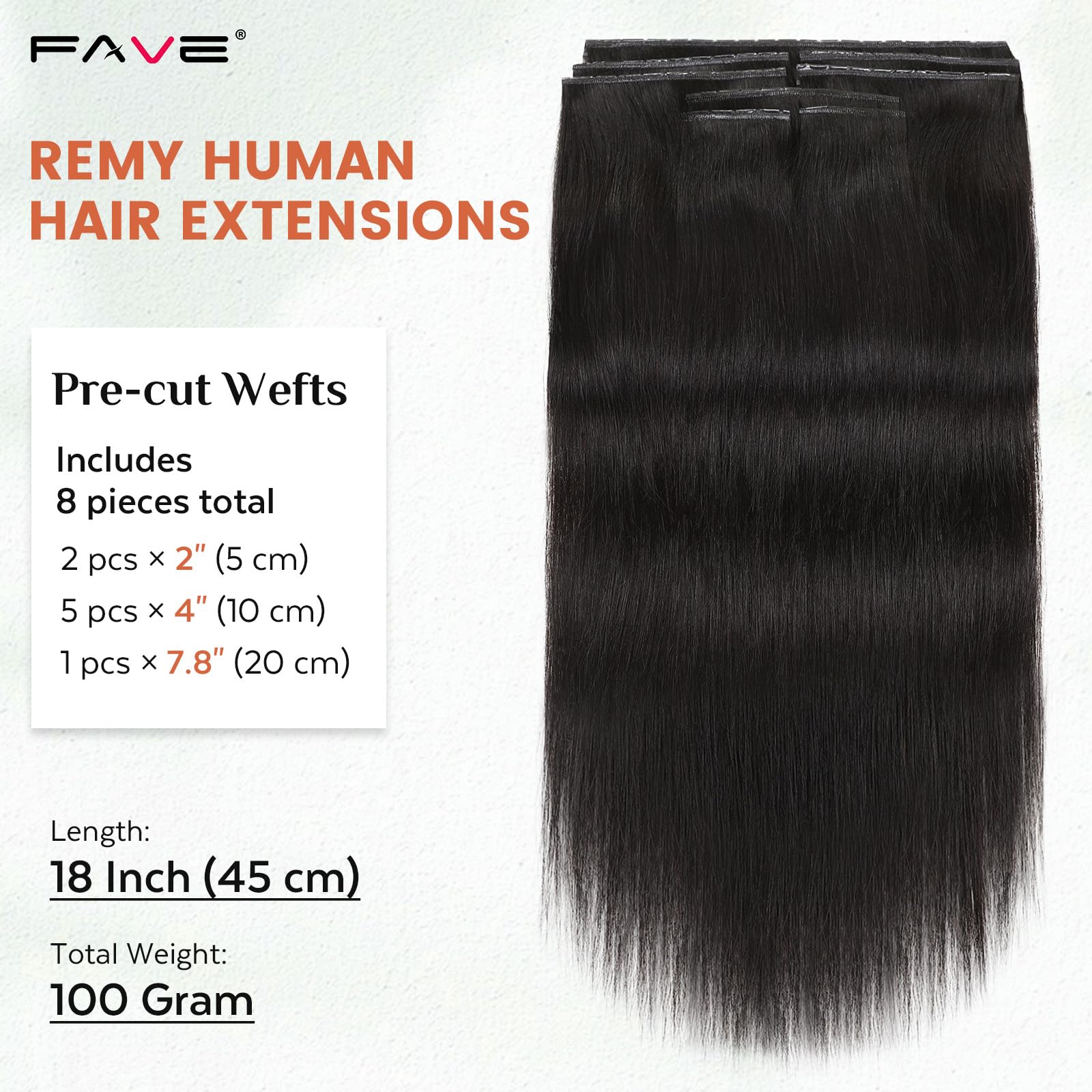 FAVE 100g Echthaar Extensions 45cm, 8-teilig, Butterfly Weft | Schwarz Natur, 100% Remy Echthaar, PU Skin Basis, Mikroperlen, Doppel-Tabs, Kleberfrei, Wiederverwendbar für Alltag, Hochzeit