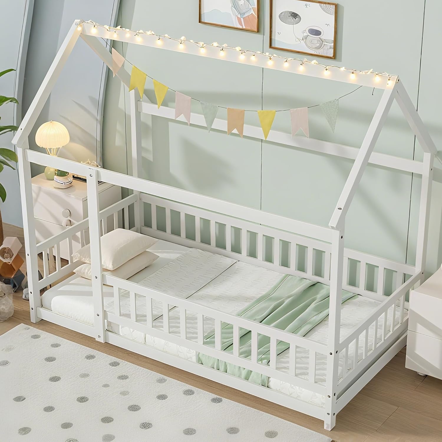 Bellemave Twin Floor Bed Frame House Bed for Kids with Cute Roof Frame, Sturdy Wooden Montessori Floor Bed Twin Size Safety Playhouse with Guardrails, Load 250 LBS, White
