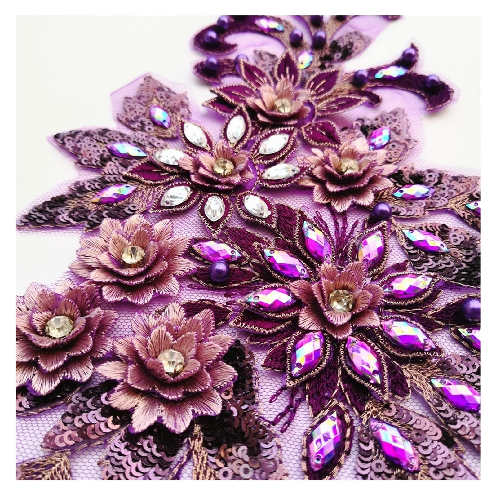 Yzki 3D Borduurwerk Kralen Kant Applique Bloemen Strass Tule Patches Trimmings Stof voor DIY Neckline Bruiloft Bruidsjurk Kleding Borduurwerk Decoratie (Marca Dragon 2