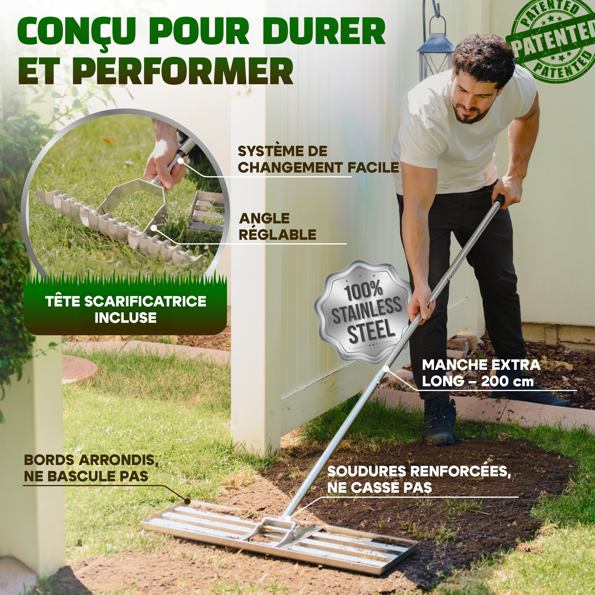 Rateau Nivellement 80x30cm + Scarificateur Gazon & Pelouse