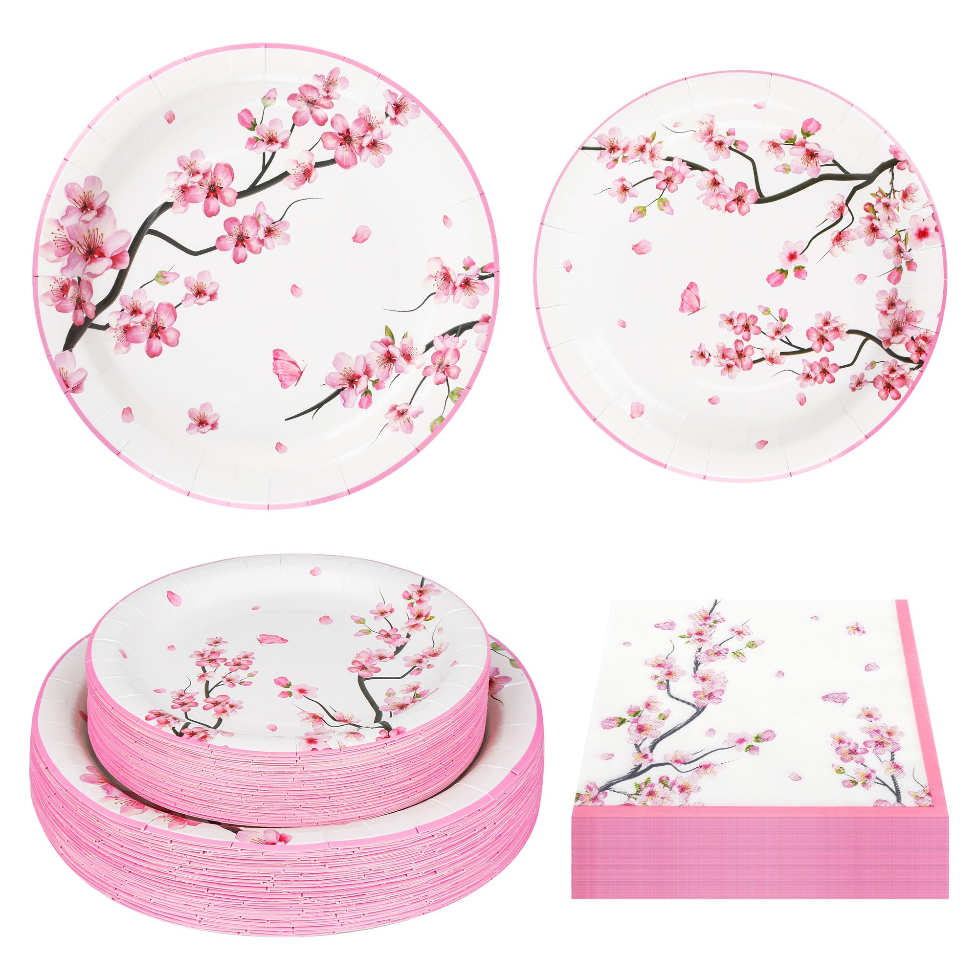 150Pcs Cherry Blossom Party Supplies Cherry Blossom Plates and Napkins Cherry Blossom Paper Plates Disposable Cherry Blossom Dinnerware Set for Spring