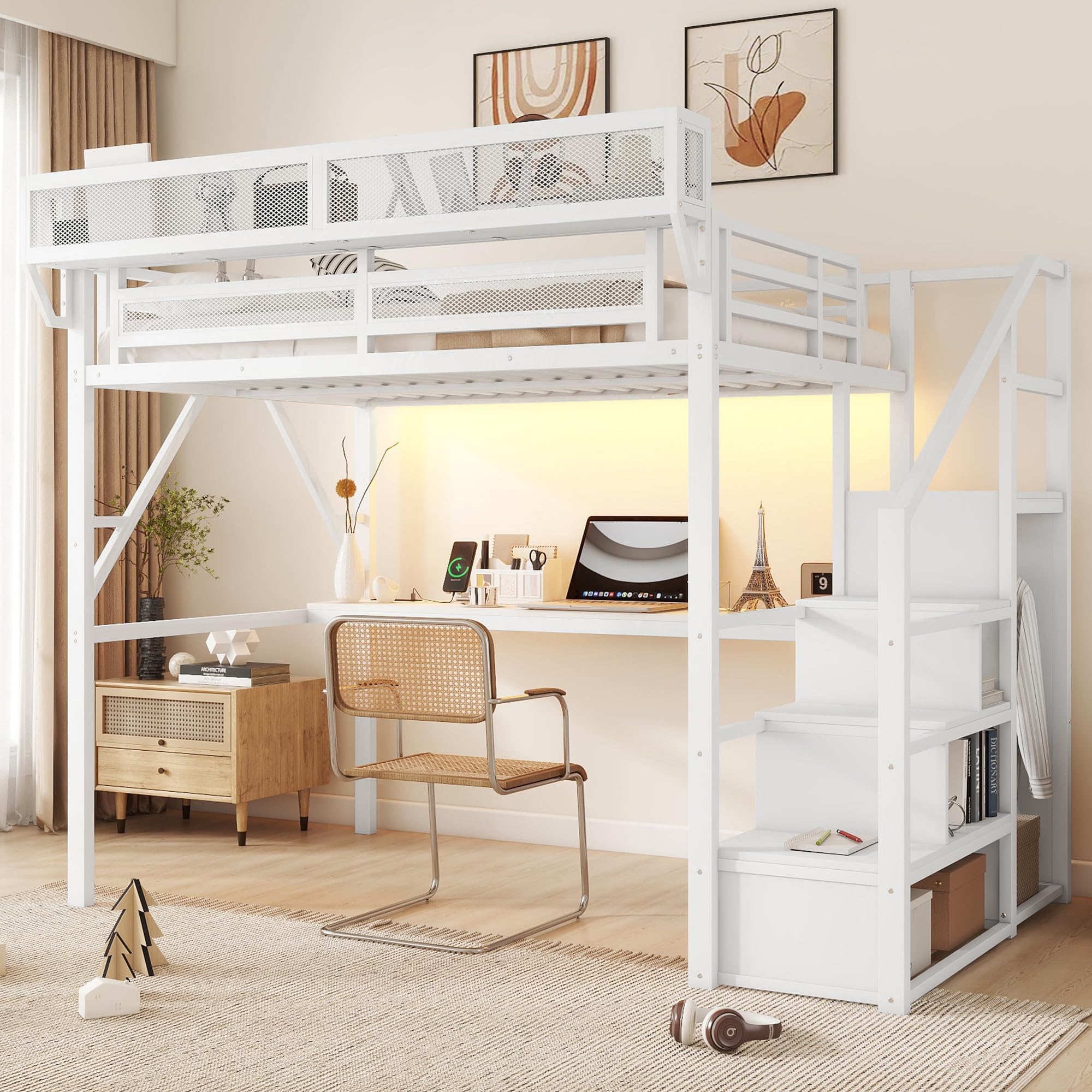 KEIKI Full Size Metal Loft Bed Frame with Desk, Staircase, Built-in Storage Shelves and Wardrobe, Modern Loft Bed with Solid Slats, Guardrail, No Box