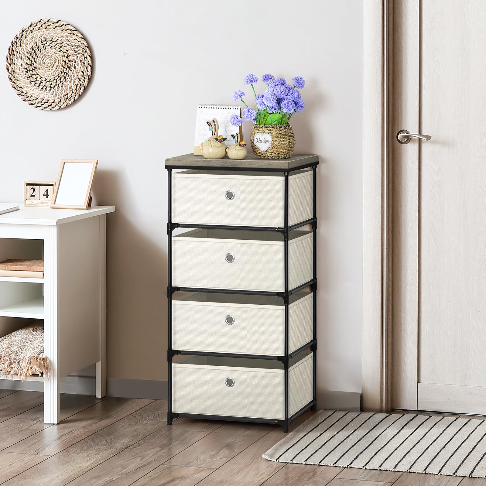 HAITRAL Fabric Storage Chest, Drawer Clothes Organizer - 4 Drawers Storage Organizer Unit for Closet, Easy Assembly Closet Dresser for Dorm, Bedroom, Hallway, Storage Bins (Off White)