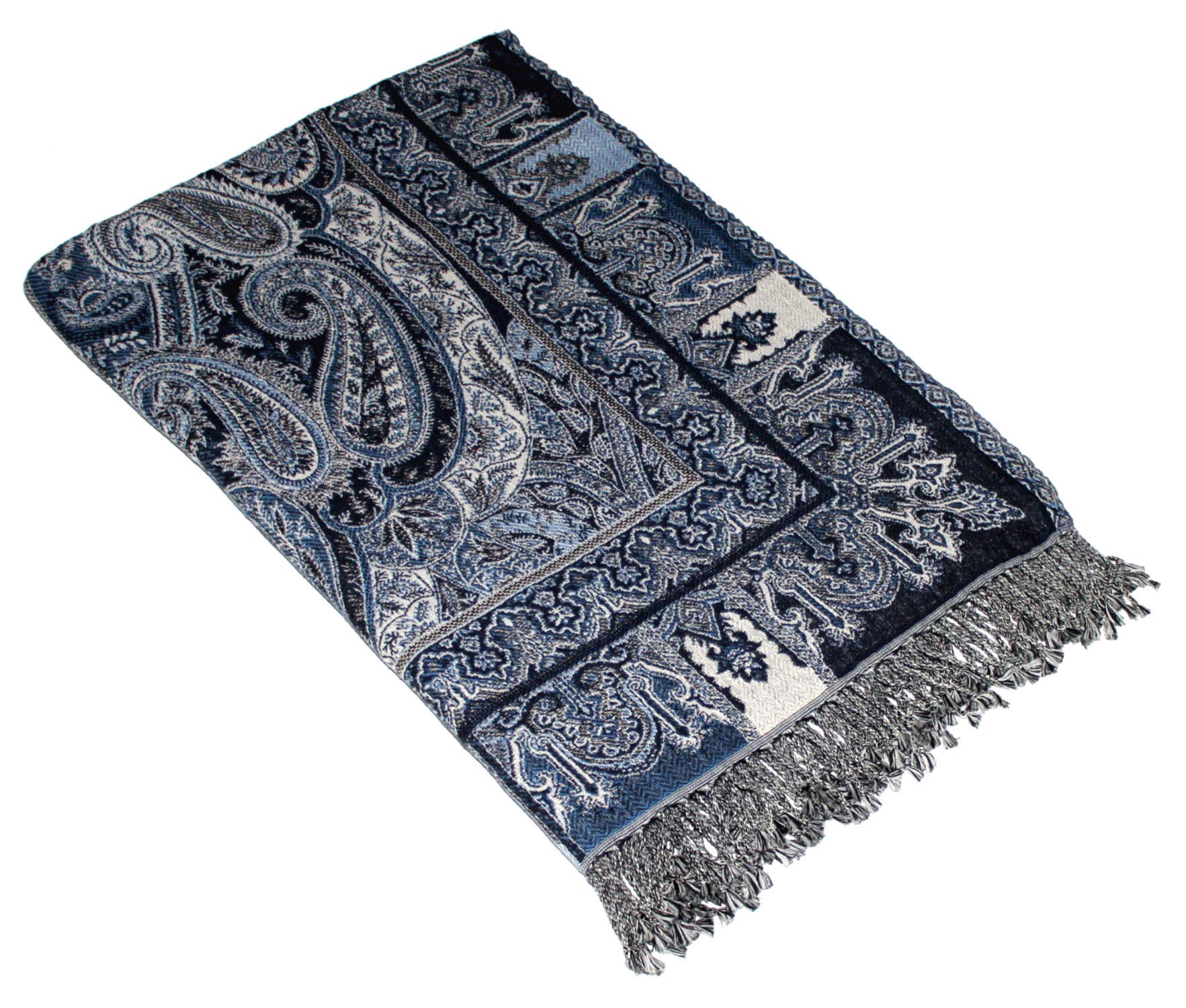 Lorenzo Cana Wolldecke Jacquard gewebt aus Baumwolle mit feinster Wolle vom Merinolamm Schwarz Weiss Blau Paisley Wohndecke Decke Wolle Sofadecke Kuscheldecke Plaid 140 cm x 200 cm 96244