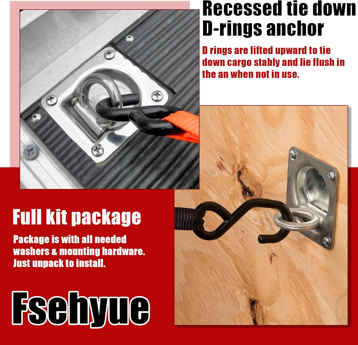 8 Pack Recessed D-Ring Tie Down Anchors with Washers and Mounting Hardware (6000lb Capacity) Suitable for Heavy Duty Floor Rope Anchor Tie Down Kit for Trailer Cargo Truck Flatbed Pickup or Deliveries