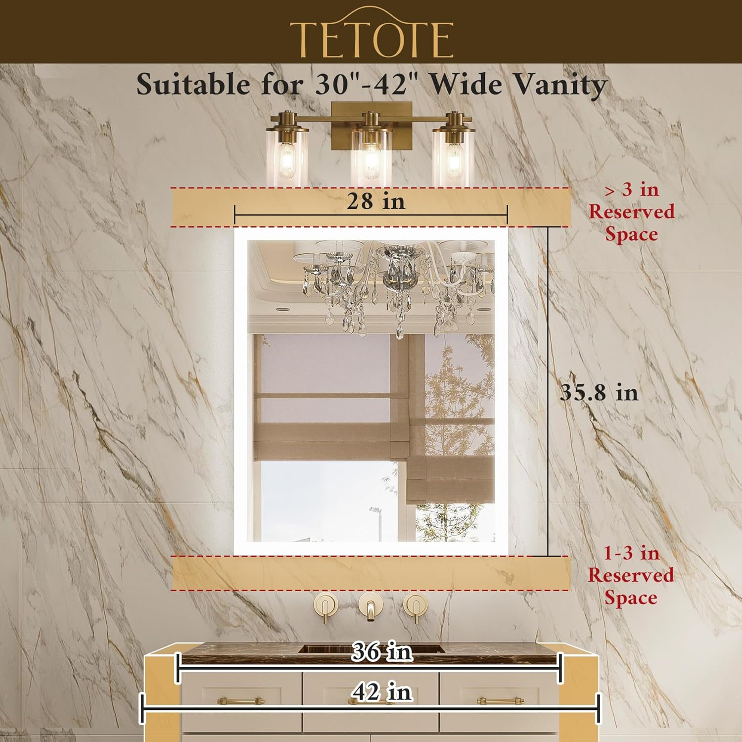 TETOTE LED 30 x 36 Vanity Mirror with Lights Frontlit & Backlit Vanity Mirror Anti Fog Stepless Dimmable 3 Colors White/Warm/Natural, Wall-Mounted(Horizontal/Vertical)