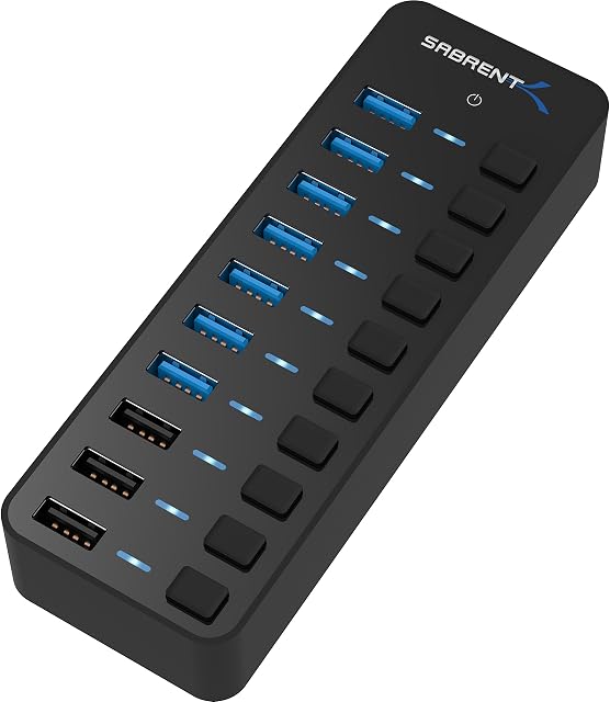 SABRENT 10-Port USB 3.0 Hub, Individual Power Switches and LEDs, 3 Smart Charging Ports, 60W Power Adapter, for PC, Mac, Xbox, PS5, Laptop, Desktop, USB Devices (HB-B7C3)